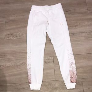 NWOT White PUMA joggers with rose gold shimmer